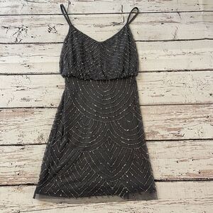 Adrianna Papell‎ Art Deco Sequin Blouson Dress in Black Mercury Size 4 Women's